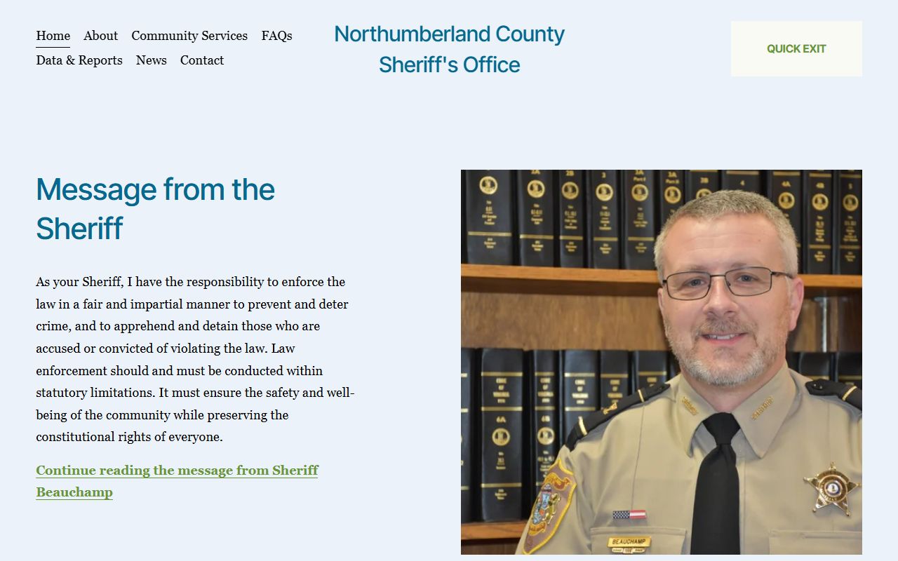 Northumberland County sheriff homepage for inmate population records